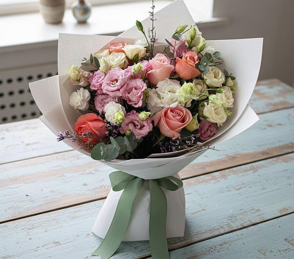 Букет цветов из: Розы, Лизиантусы и Гвоздики в Коростово